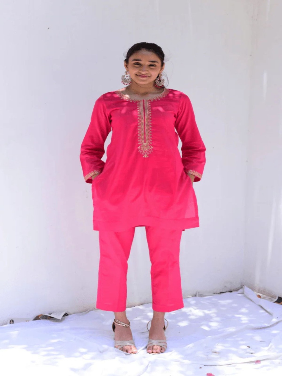 

Mera Rang Embroidered Pure Cotton Tunic With Trousers, Pink