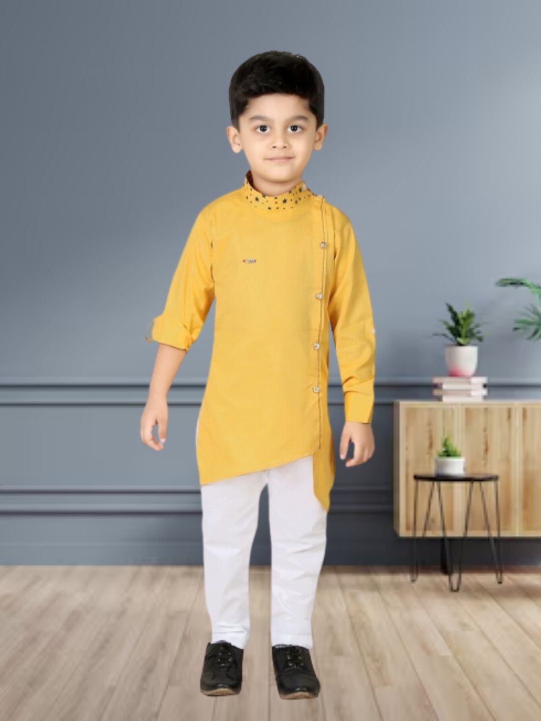 

BAESD Boys Round Neck Straight Kurta With Pyjamas, Mustard
