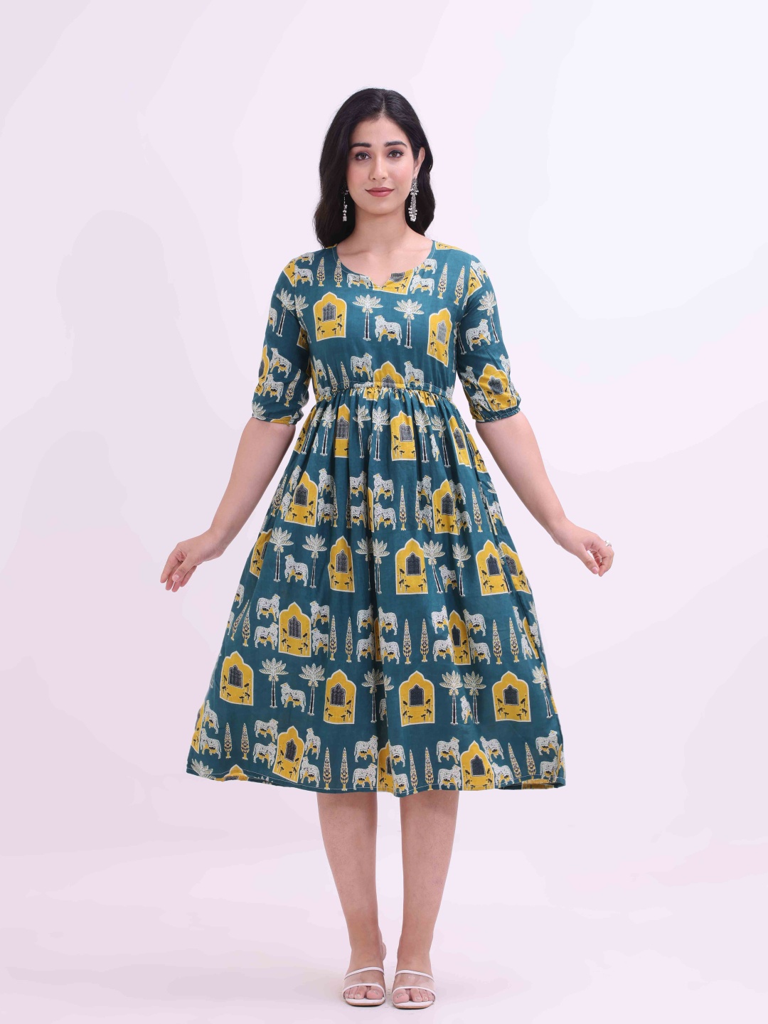 

Smartyhub Ethnic Motifs Printed Notch Neck A-Line Pure Cotton Ethnic Dress, Teal