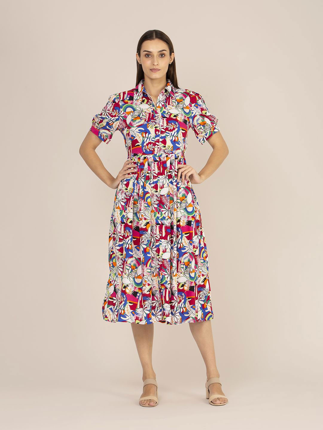 

AMSWAN Women Shirt Collar Puff Sleeve Fit and Flare Midi Dress, Red