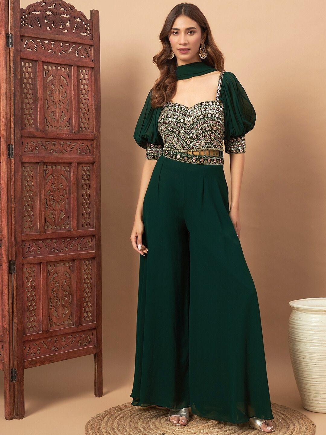 

Chhabra 555 Mirror Embroidered Bishop Sleeves Crop Top & Palazzo With Dupatta, Green