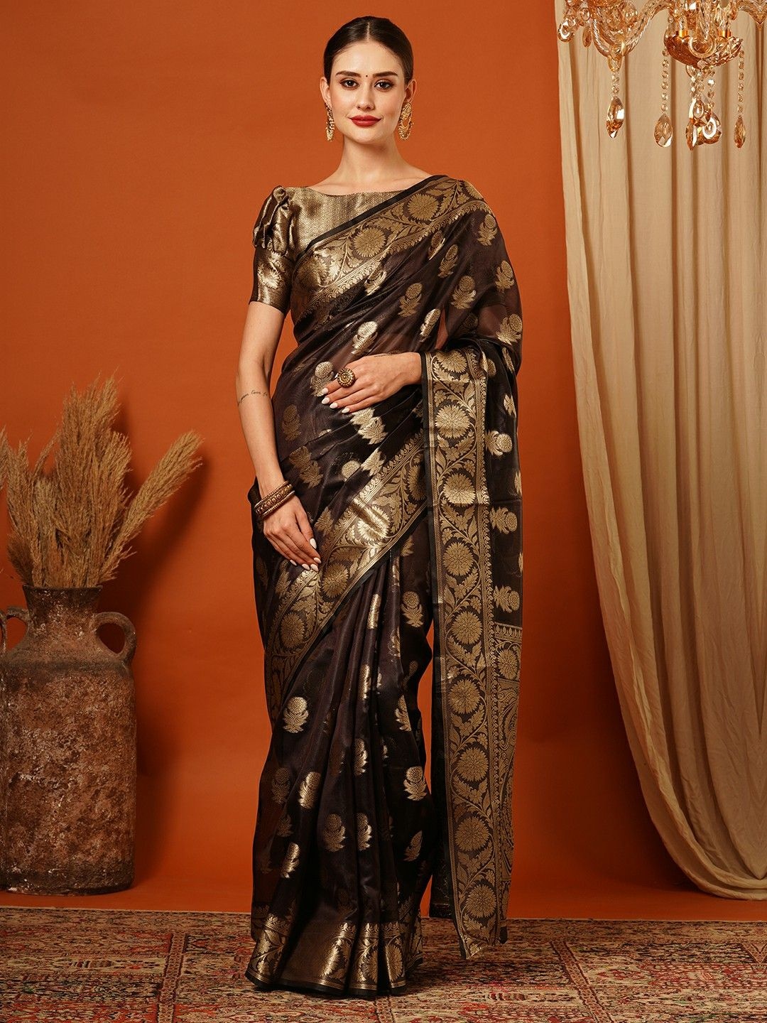 

WINKLECART Woven Design Zari Pure Silk Banarasi Saree, Coffee brown