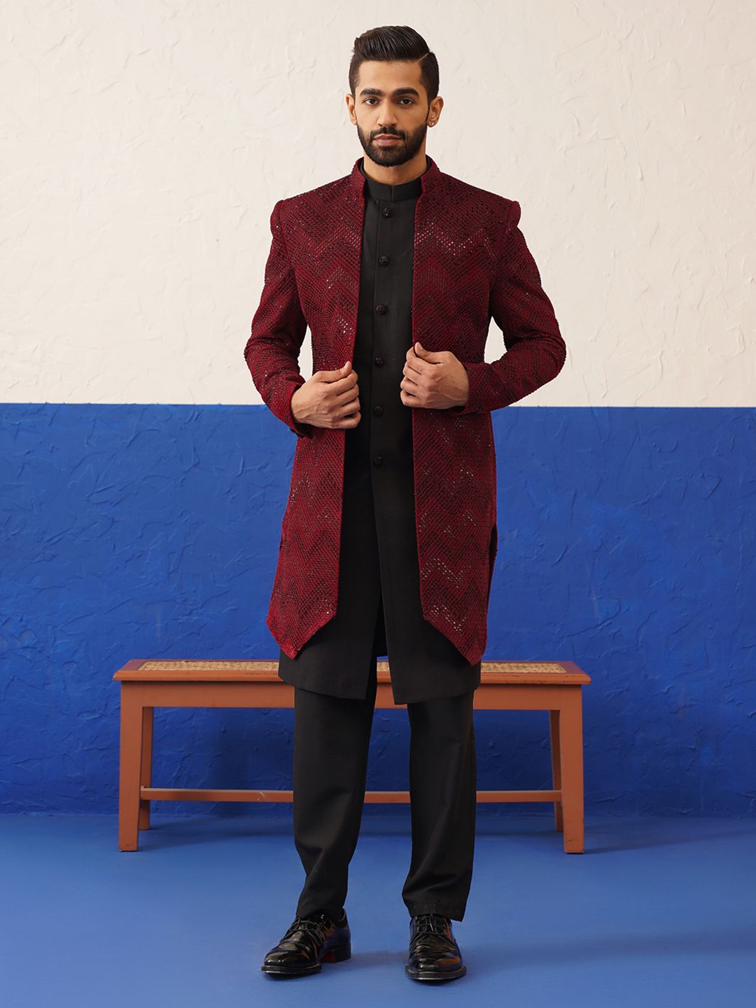 

TheEthnic.Co Men Red velvet with black Handwork Detaling