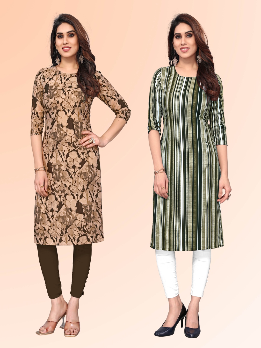 

KETAKI FASHION Selection Of 2 Floral Printed Round Neck Straight Kurtas, Brown