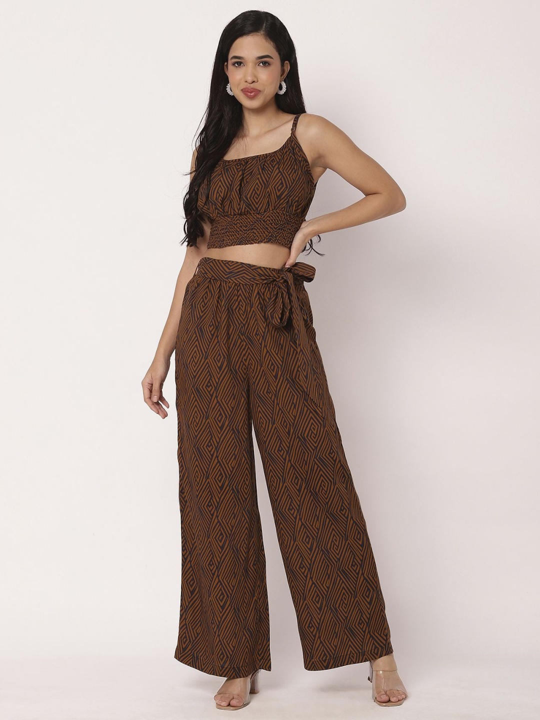 

Moomaya Printed Shoulder Straps Top With Palazzo, Brown