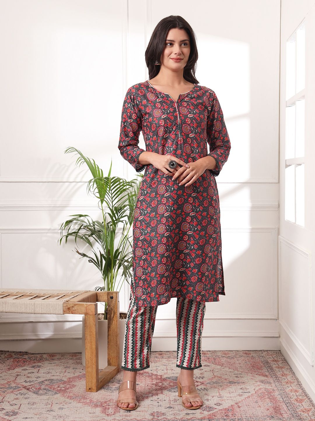 

KALINI Floral Printed Pure Cotton Kurta With Trouser And Dupatta, Red