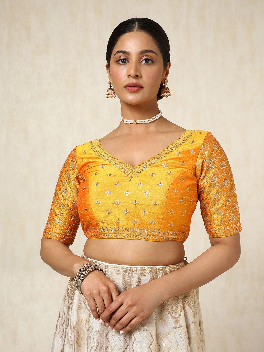 

Soch Embroidered Sequins Padded Saree Blouse, Mustard