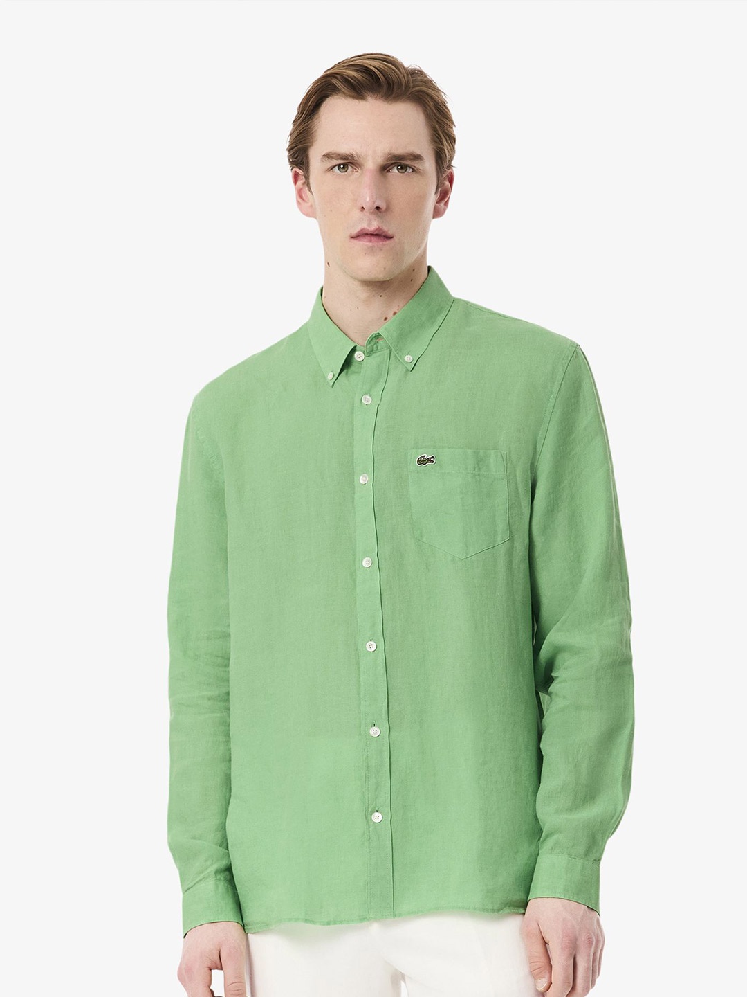 

Lacoste Men Button-Down Collar Solid Linen Casual Shirt, Green