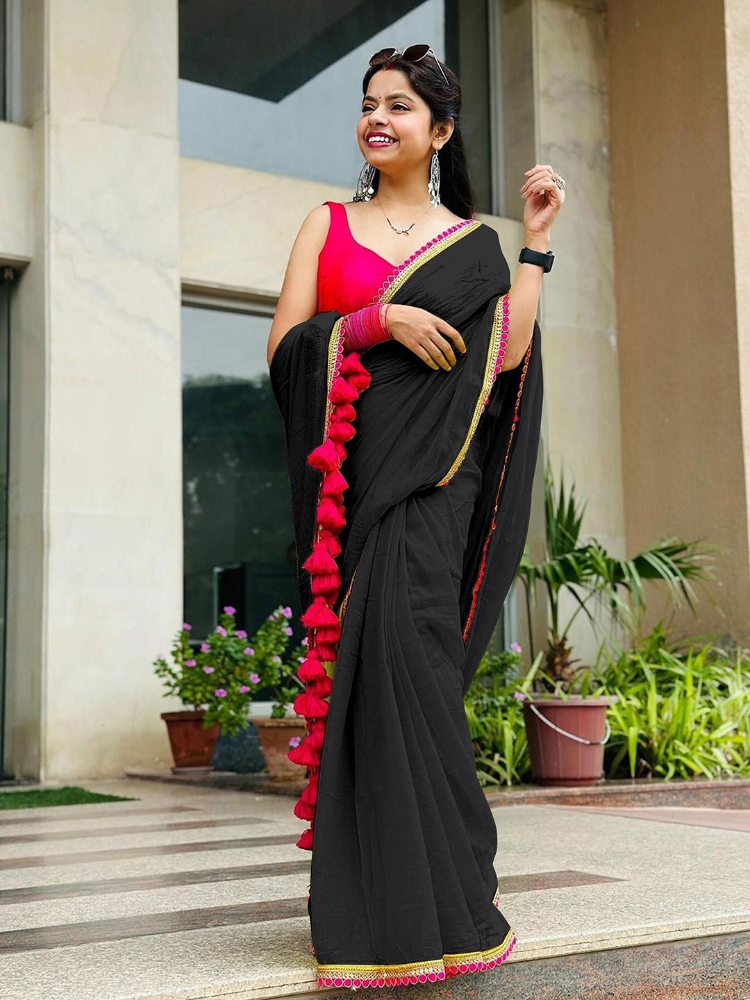 

Aika Sequinned Saree, Black