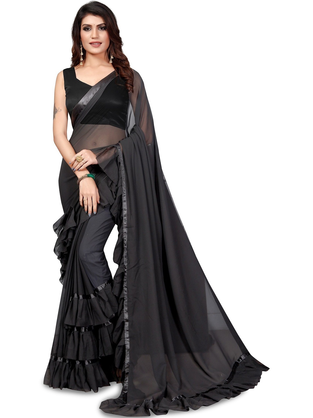 

Aika Pure Chiffon Ruffles Saree, Black
