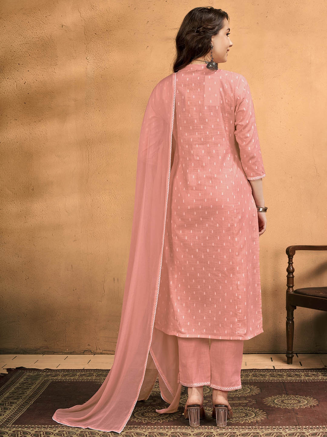 

Anouk Ethnic Motifs Embroidered Thread Work Pure Cotton Kurta With Trousers & Dupatta, Peach