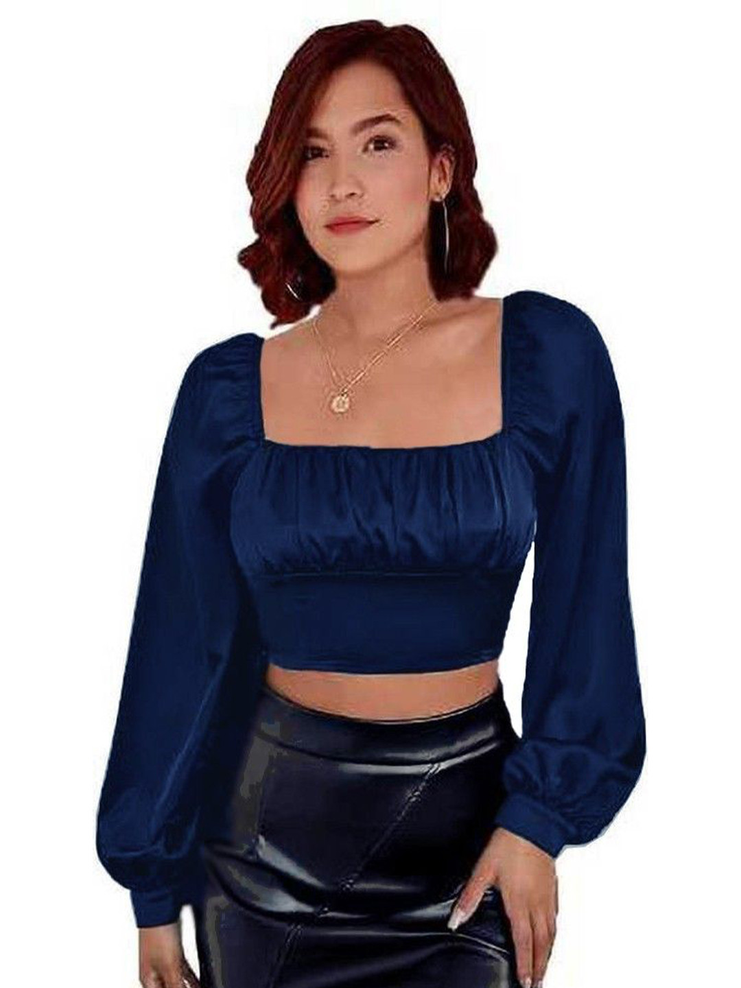 

CULPI Puff Sleeves Satin Crop Top, Navy blue