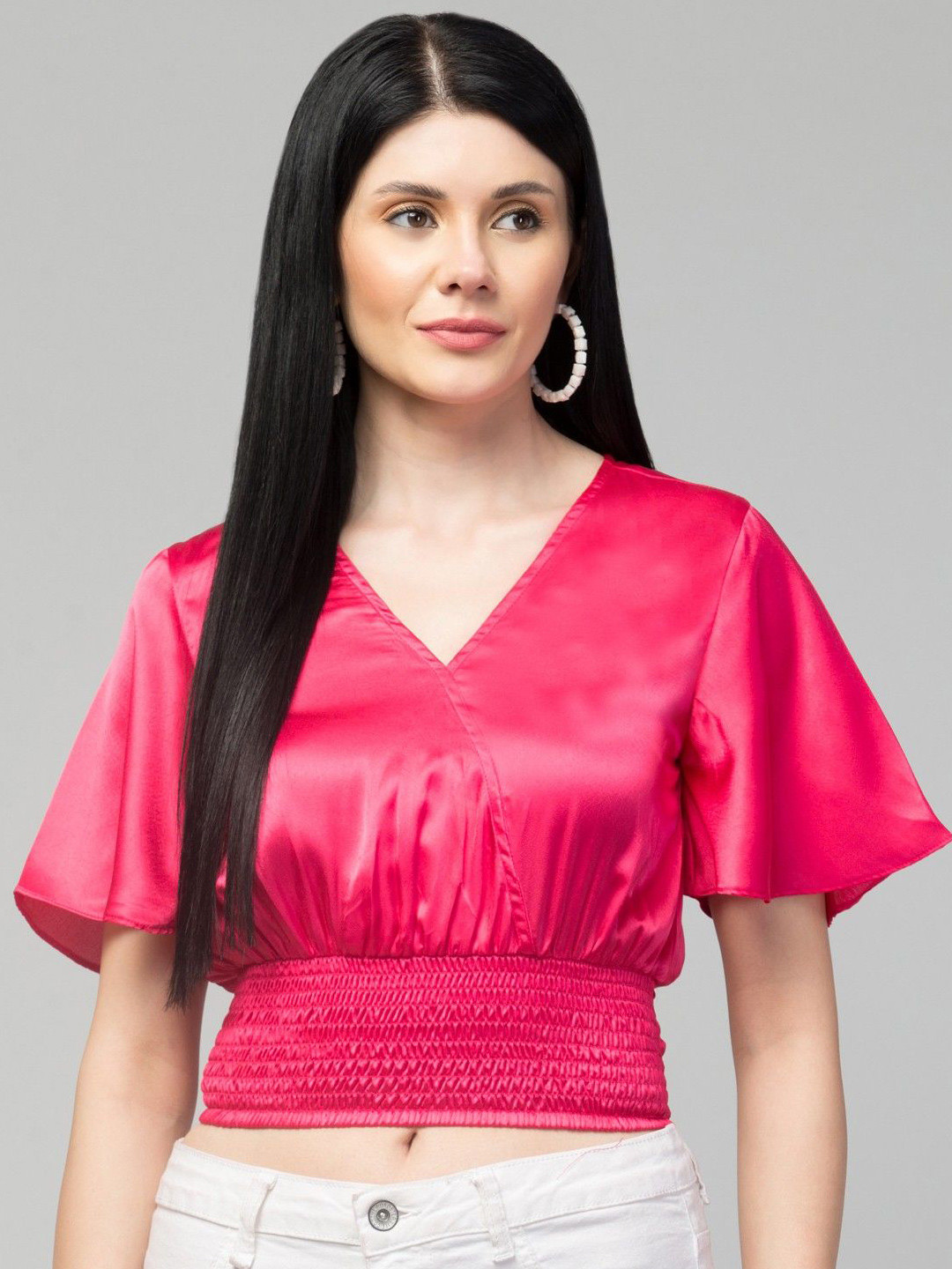 

CULPI Women Flared Sleeve Cinched Waist Crop Top, Pink