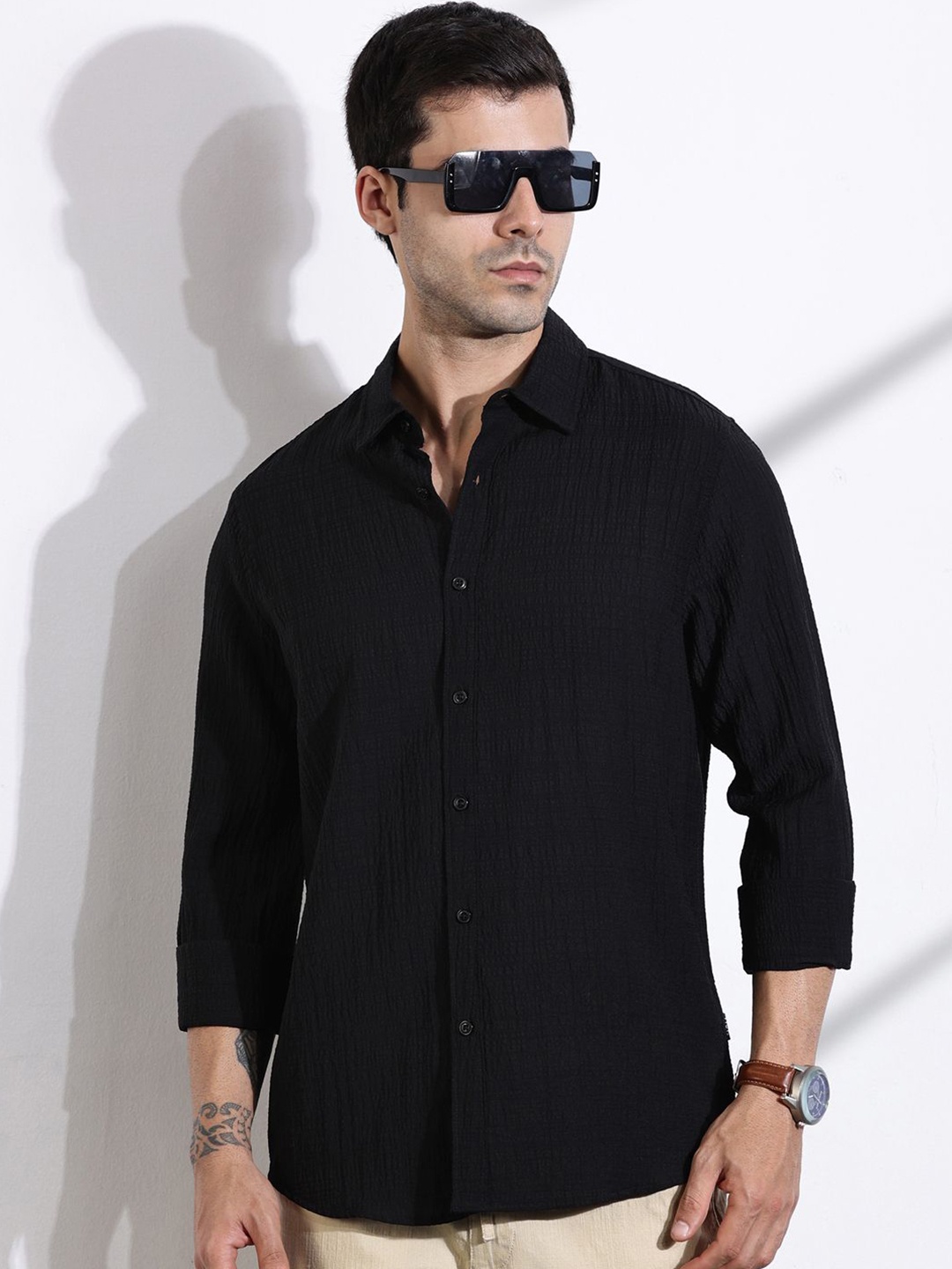 

Thomas Scott Men Classic Slim Fit Spread Collar Textured Casual Shirt, Black