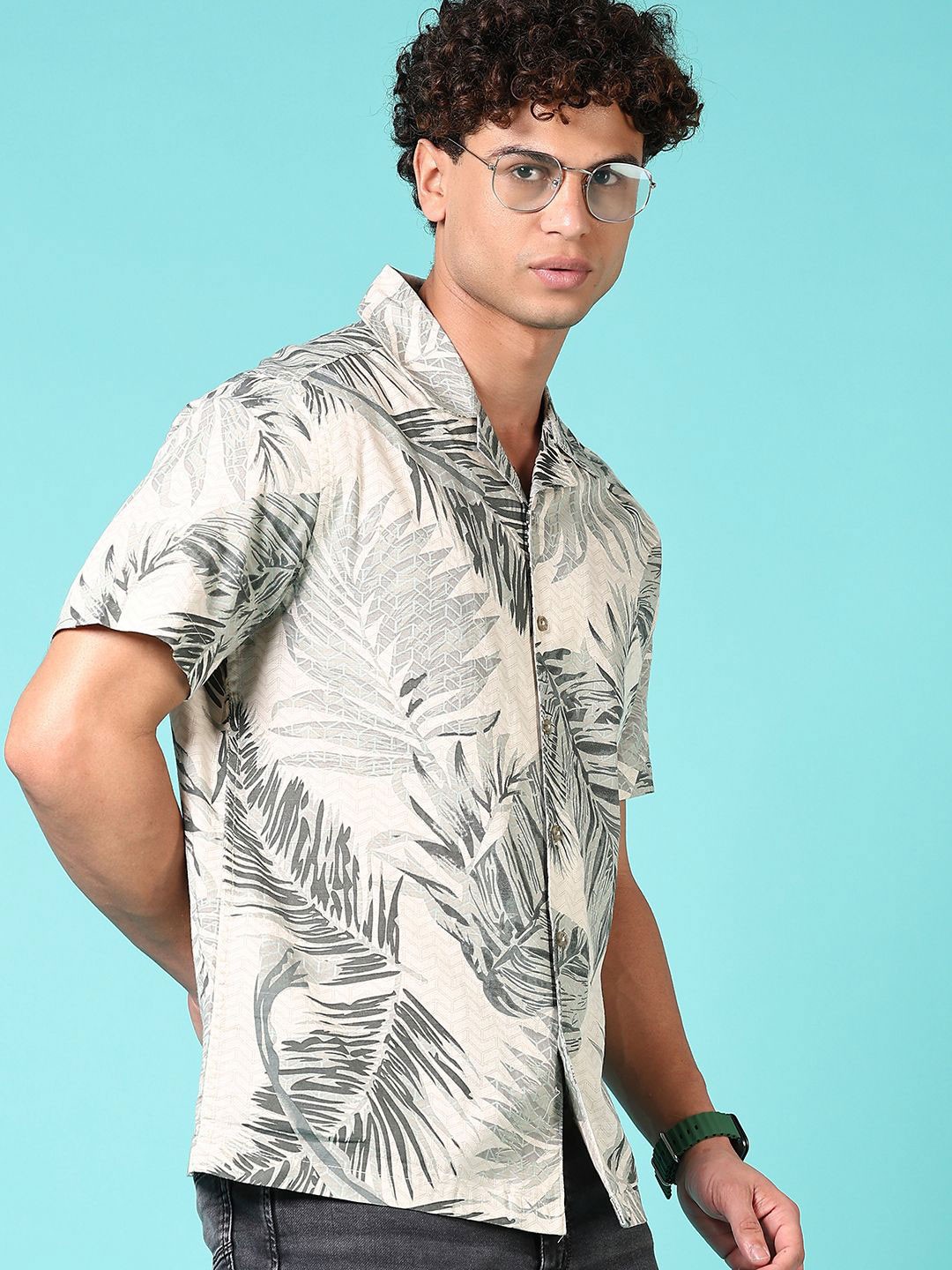 

V-Mart Men Cuban Collar Floral Printed Cotton Casual Shirt, Beige