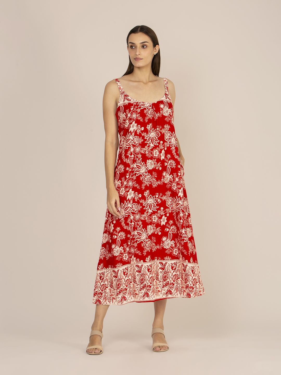

AMSWAN Women Floral Printed Shoulder Straps A-Line Midi Dress, Red