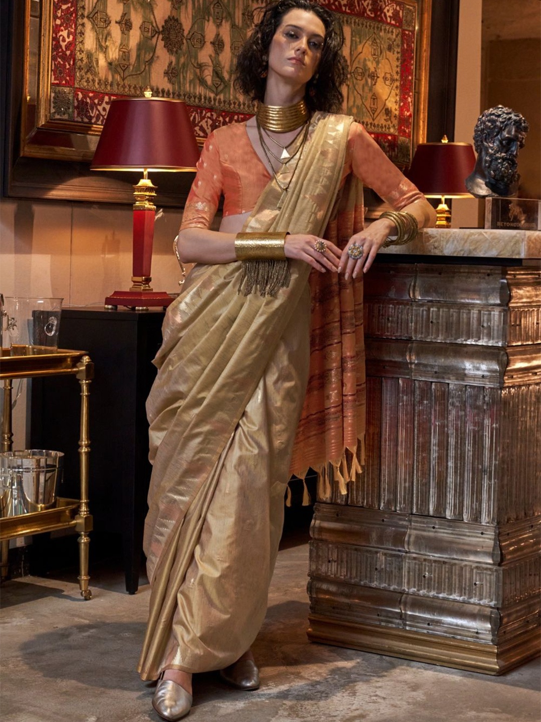 

PEENGAX Woven Design Zari Tussar Saree, Cream