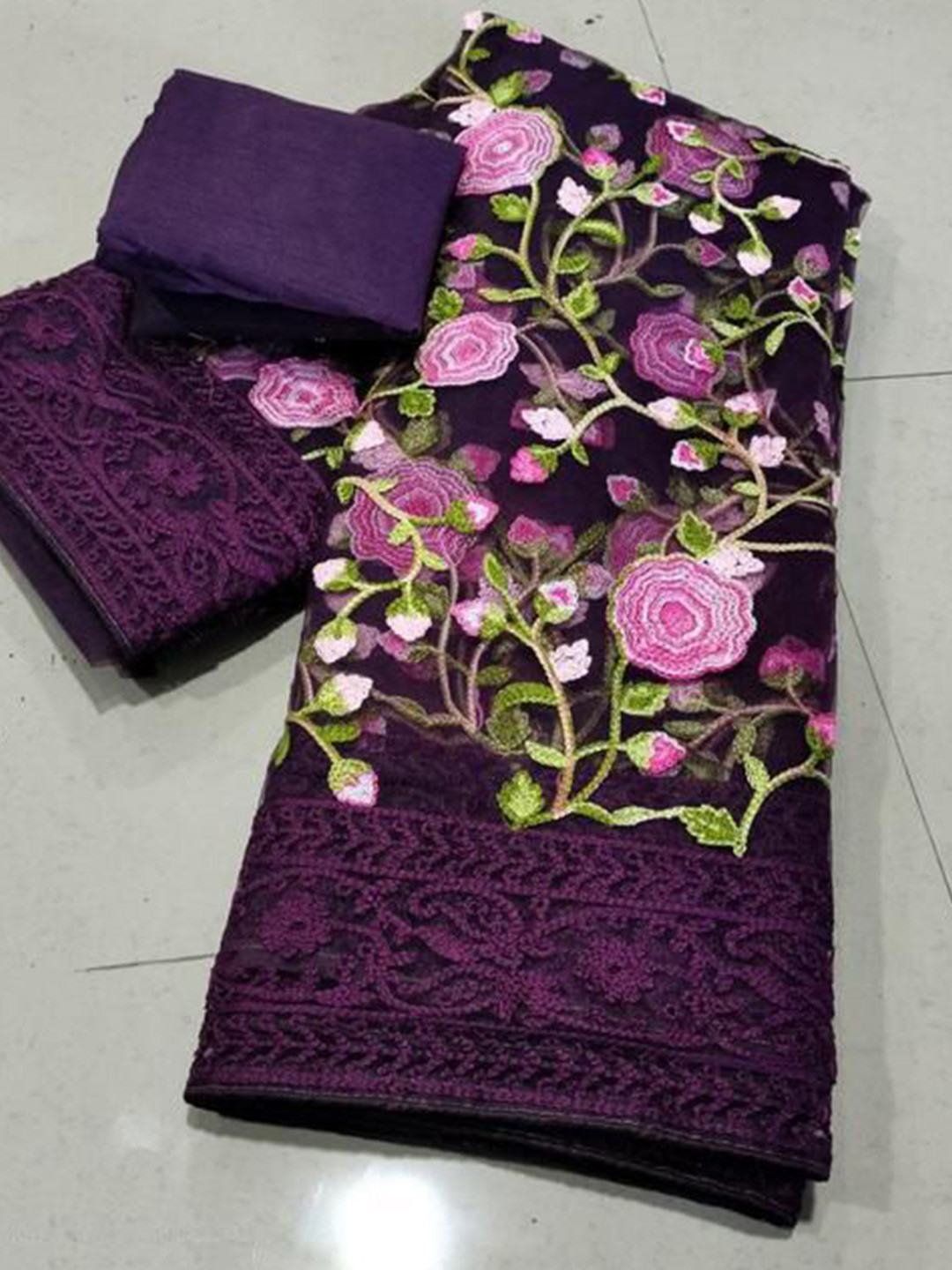 

Aika Floral Net Saree, Purple