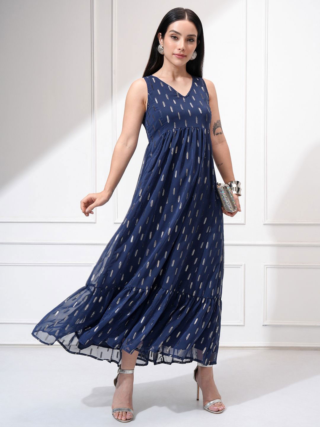 

Vishudh Women Ethnic Motifs Printed Fit and Flare Dress, Navy blue