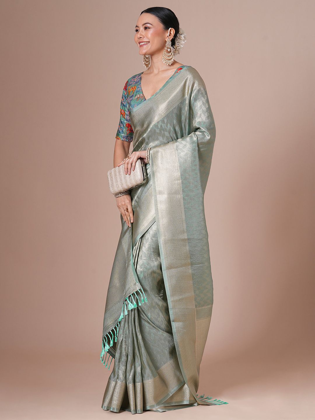 

House Of Pataudi Woven Design Zari Saree, Sea green