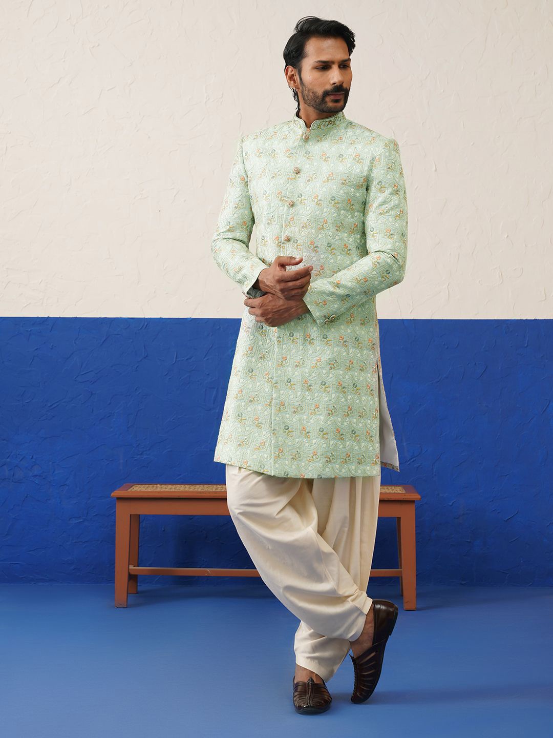 

TheEthnic.Co Men Light Green Embriodered Indo Western