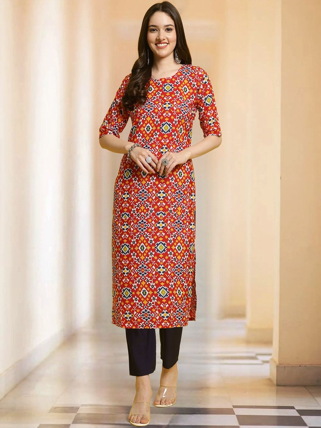 

7Threads Selection Of 2 Ethnic Motifs Printed Round Neck Straight Kurtas With Trousers, Red