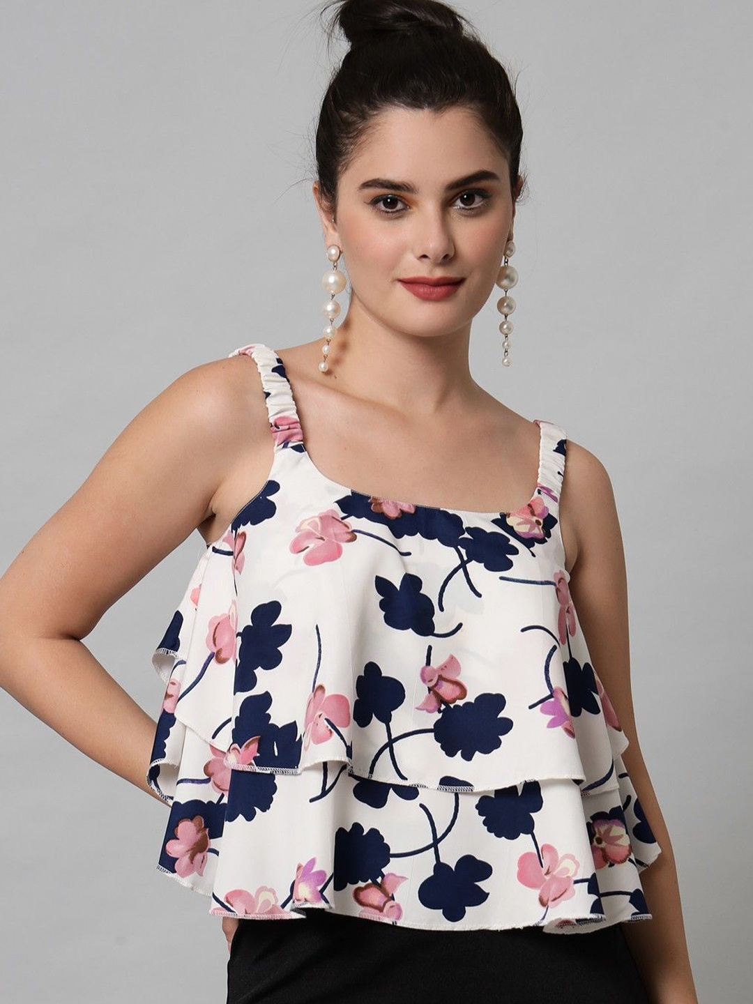 

CULPI Floral Printed Shoulder Straps Layered A-Line Top, White