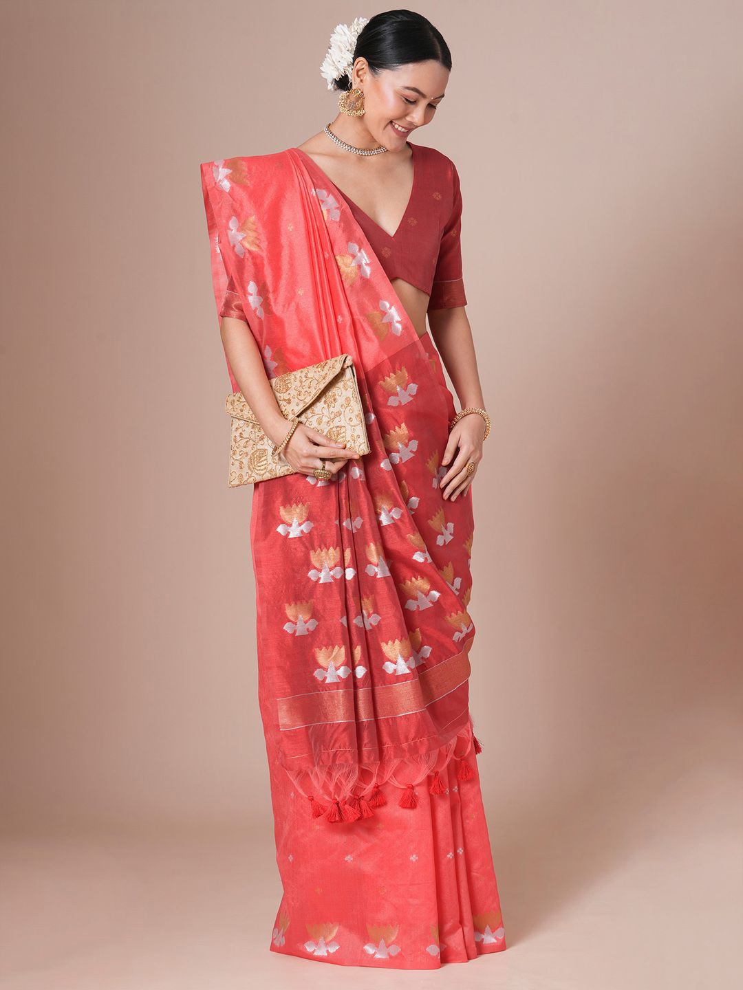 

House of Pataudi Woven Designed Festive Wear Saree With Blouse, Pink