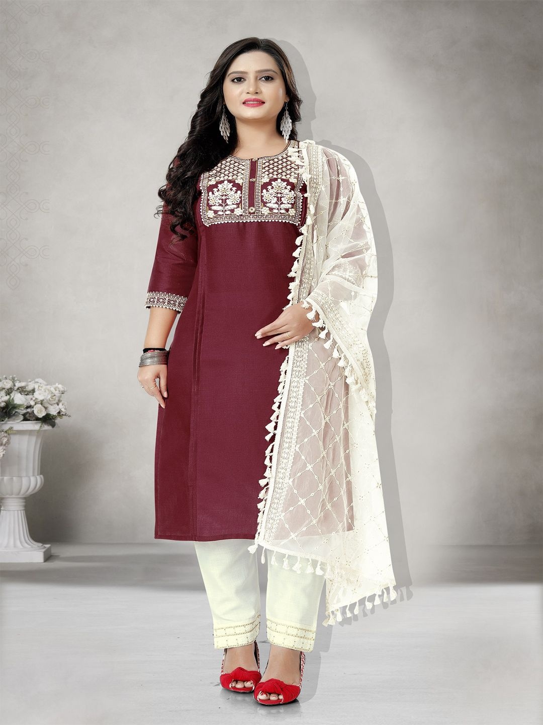 

Lerkiza Floral Embroidered Straight Thread Work Kurta With Trousers And Dupatta, Maroon