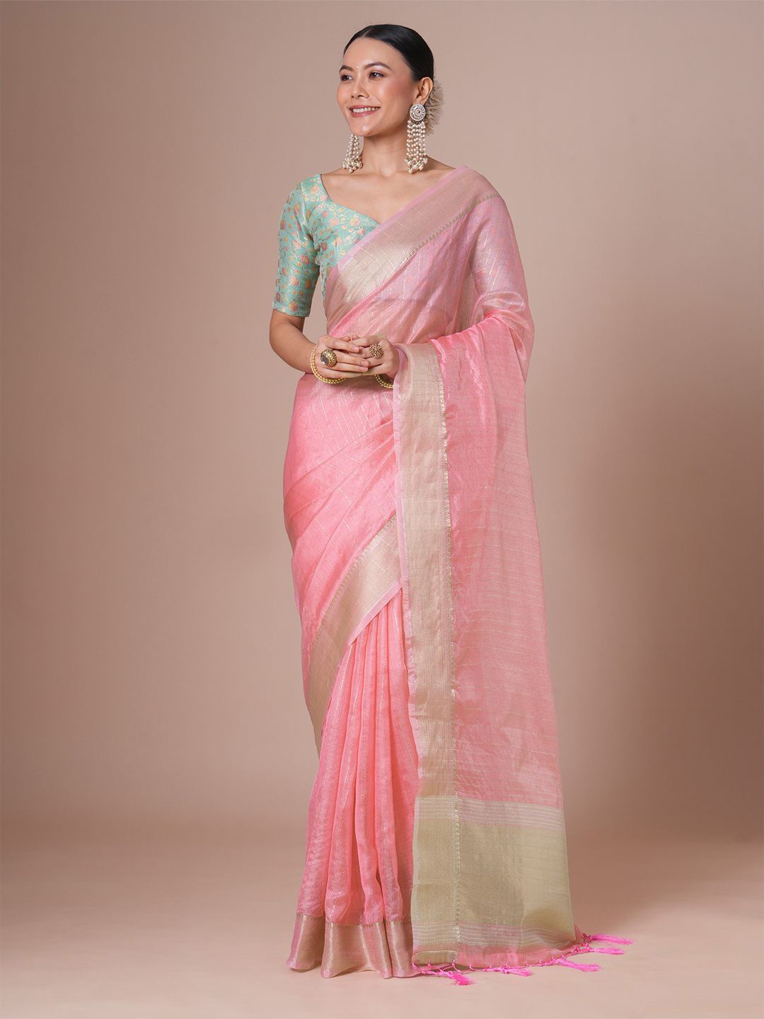 

House Of Pataudi Woven Design Banarasi Saree With Blouse Piece, Pink