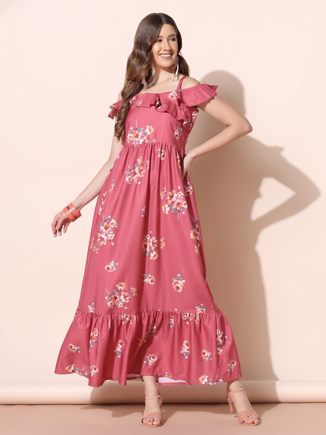 

BAESD Floral Printed Cold-Shoulder Ruffled Crepe Maxi Dress, Pink