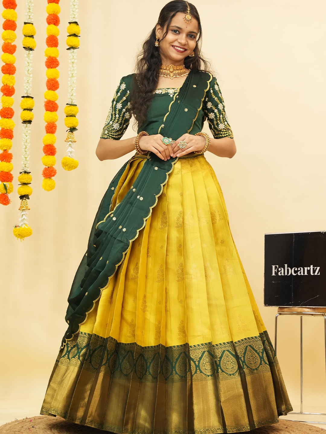 

Fabcartz Semi-Stitched Lehenga & Unstitched Blouse With Dupatta, Yellow