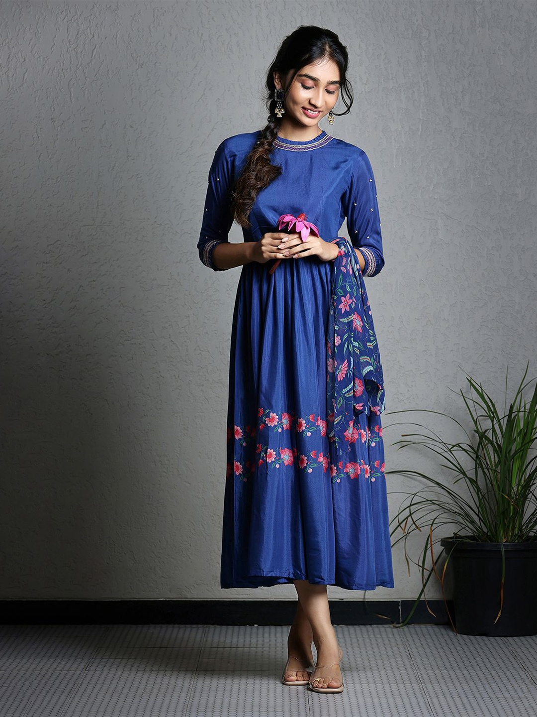 

SUKRUTI DESIGN Floral Print Fit & Flare Maxi Dress, Blue