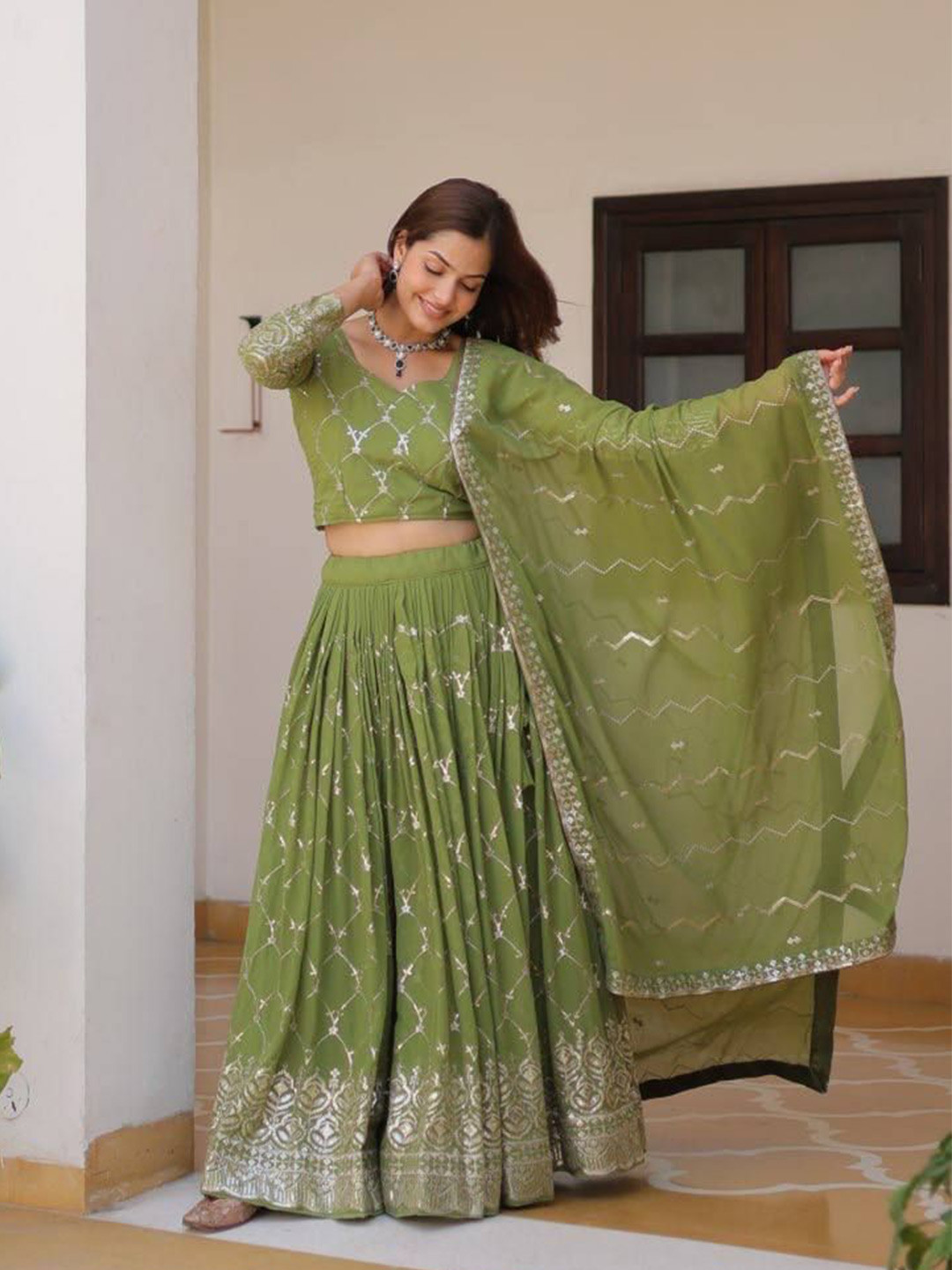 

Ethnic Yard Embroidered Ready to Wear Lehenga & Unstitched Blouse With Dupatta, Green