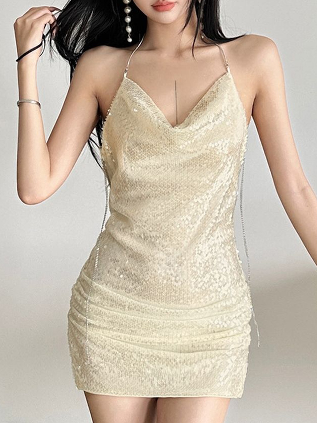 

LULU & SKY Embellished Backless Sheath Mini Dress, Beige