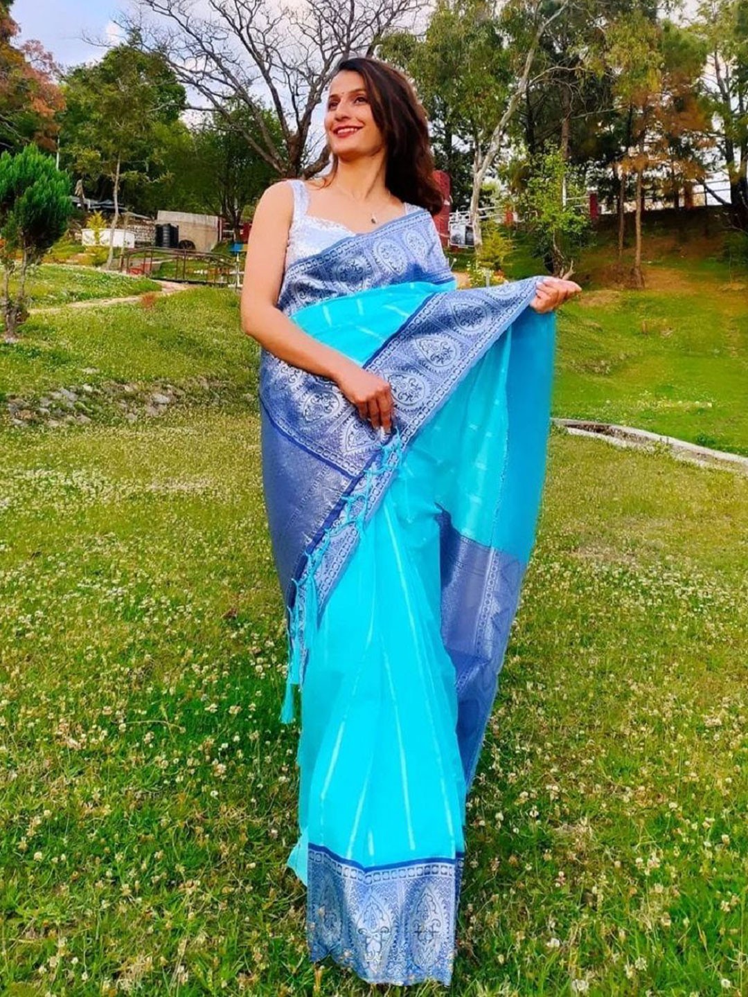 

Aika Woven Design Zari Pure Silk Banarasi Saree, Blue