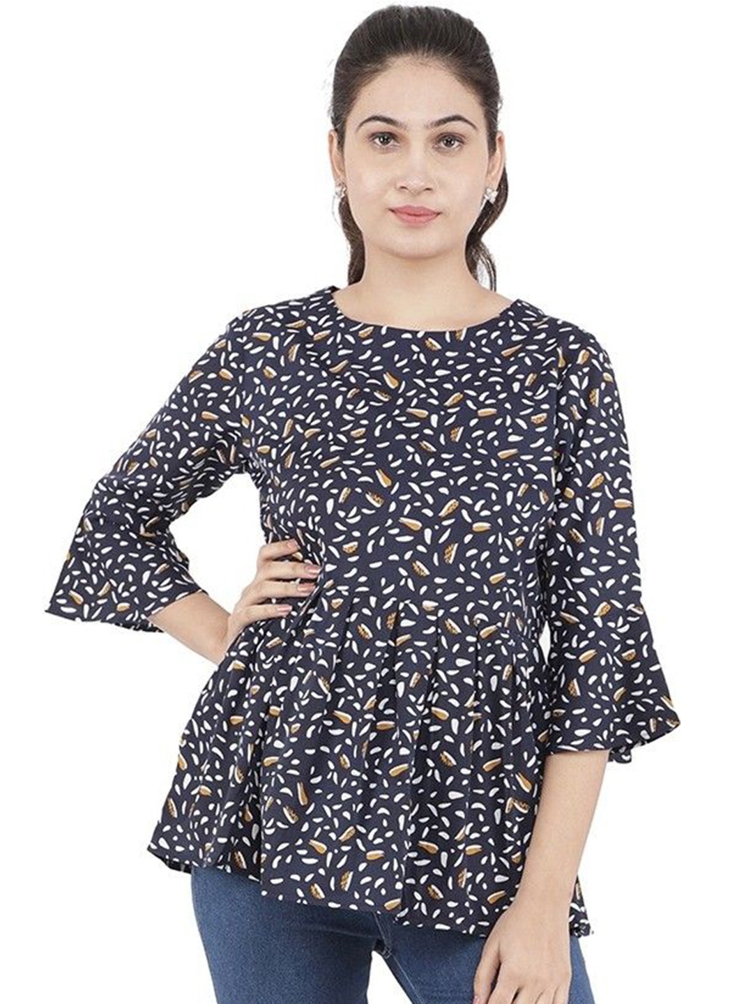 

CULPI Women Printed Bell Sleeves Peplum Top, Blue