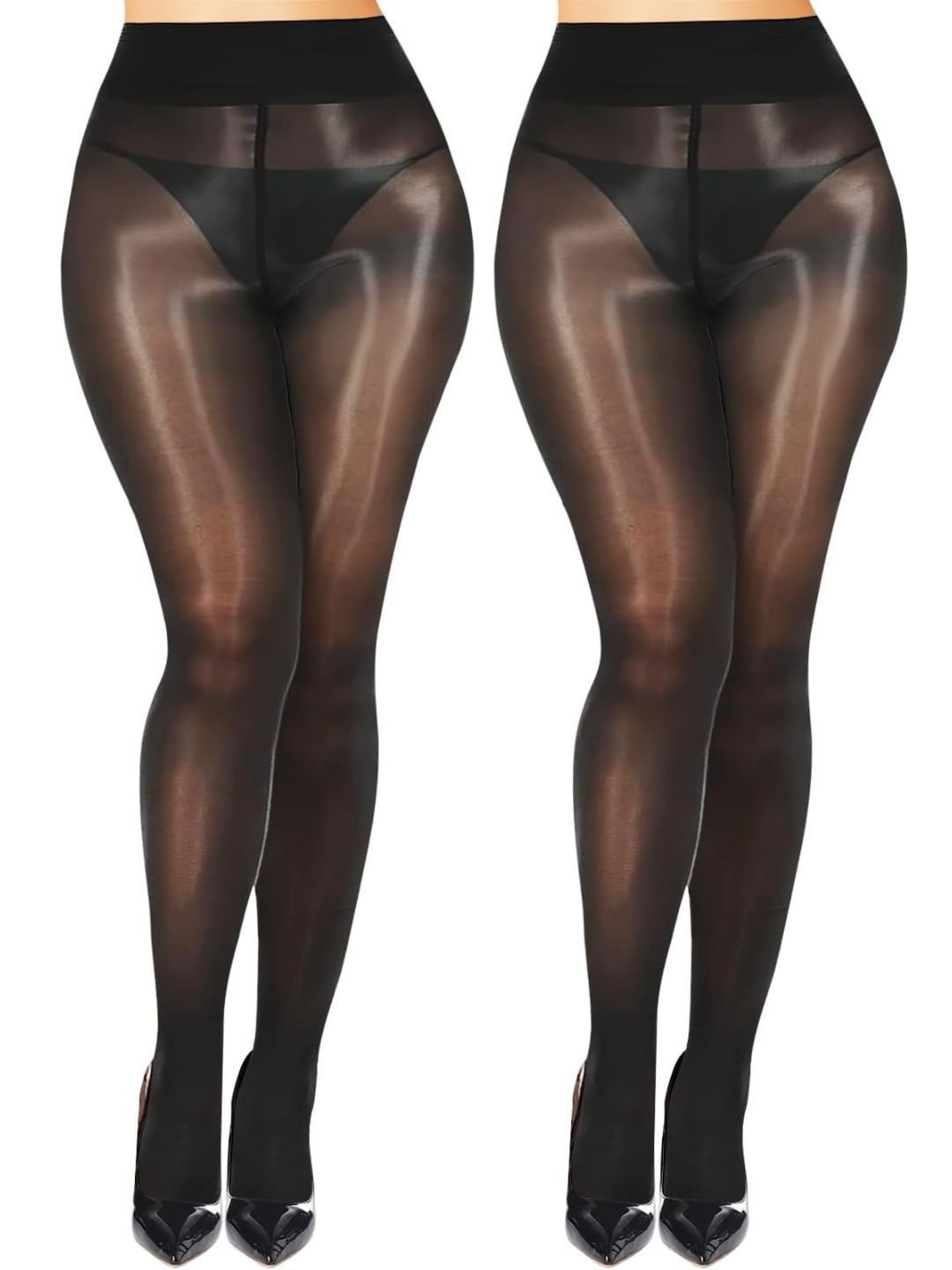 

CareDone Women's Pack of 2 Oil Shiny Glossy High Waist Seamless Sheer Tights, Black