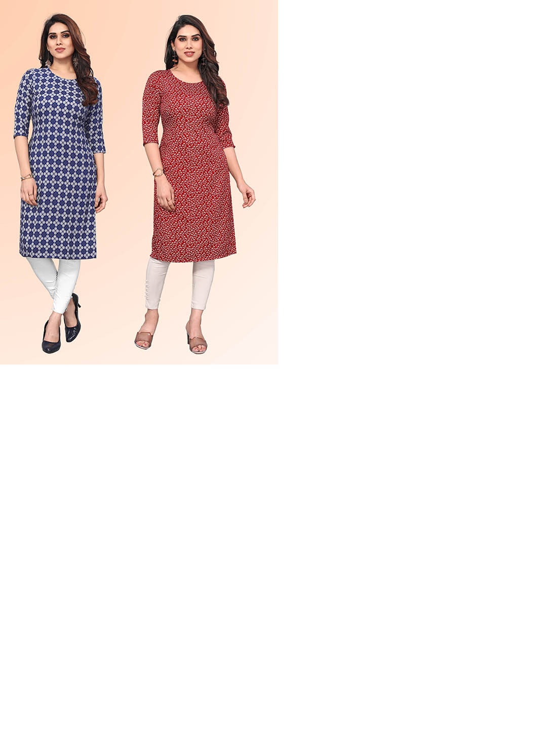 

KETAKI FASHION Selection Of 2 Floral Printed Round Neck Straight Kurtas, Blue