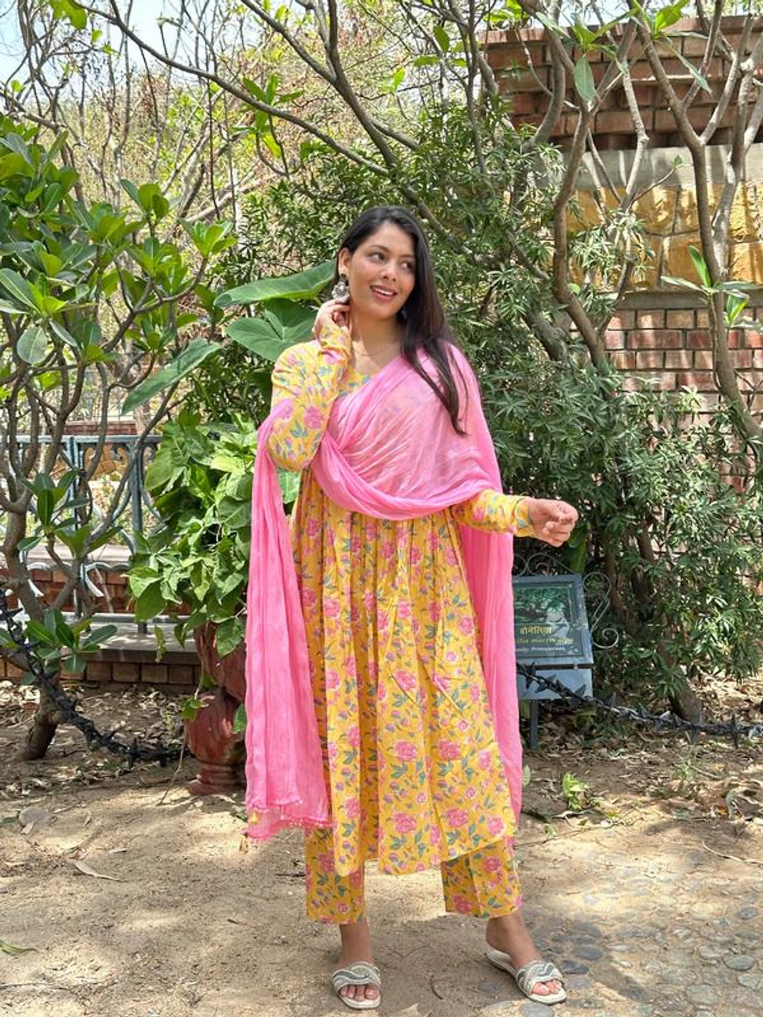 

JONAYA Floral Printed V Neck Pure Cotton Empire Anarkali Kurta With Trousers And Dupatta, Yellow