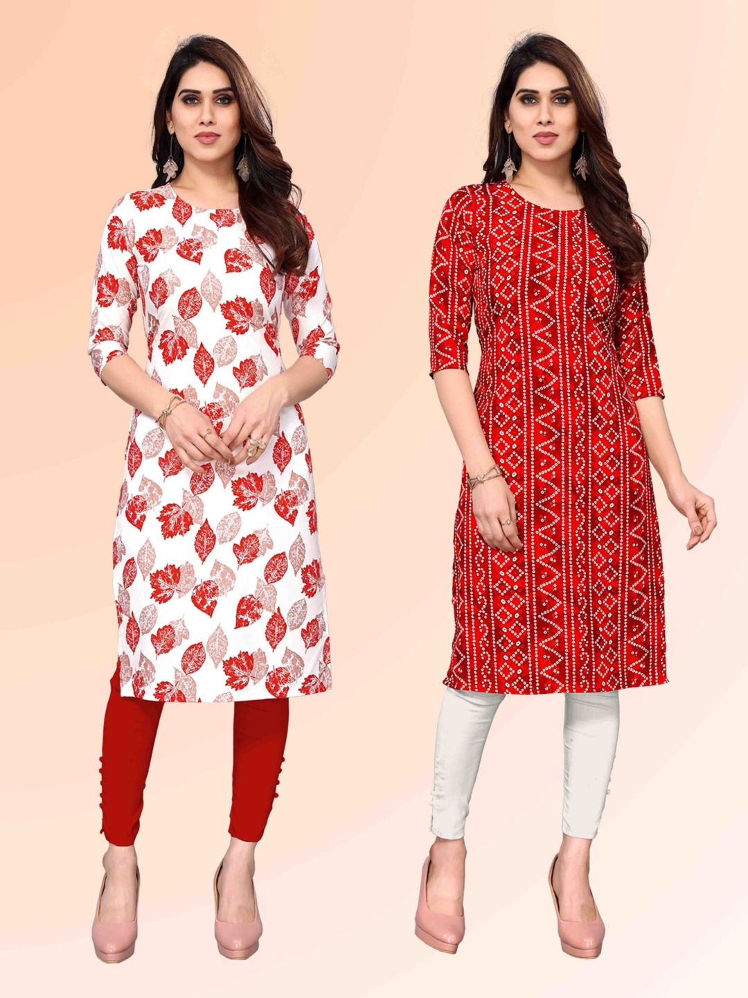 

KETAKI FASHION Selection Of 2 Floral Printed Round Neck Straight Kurtas, White