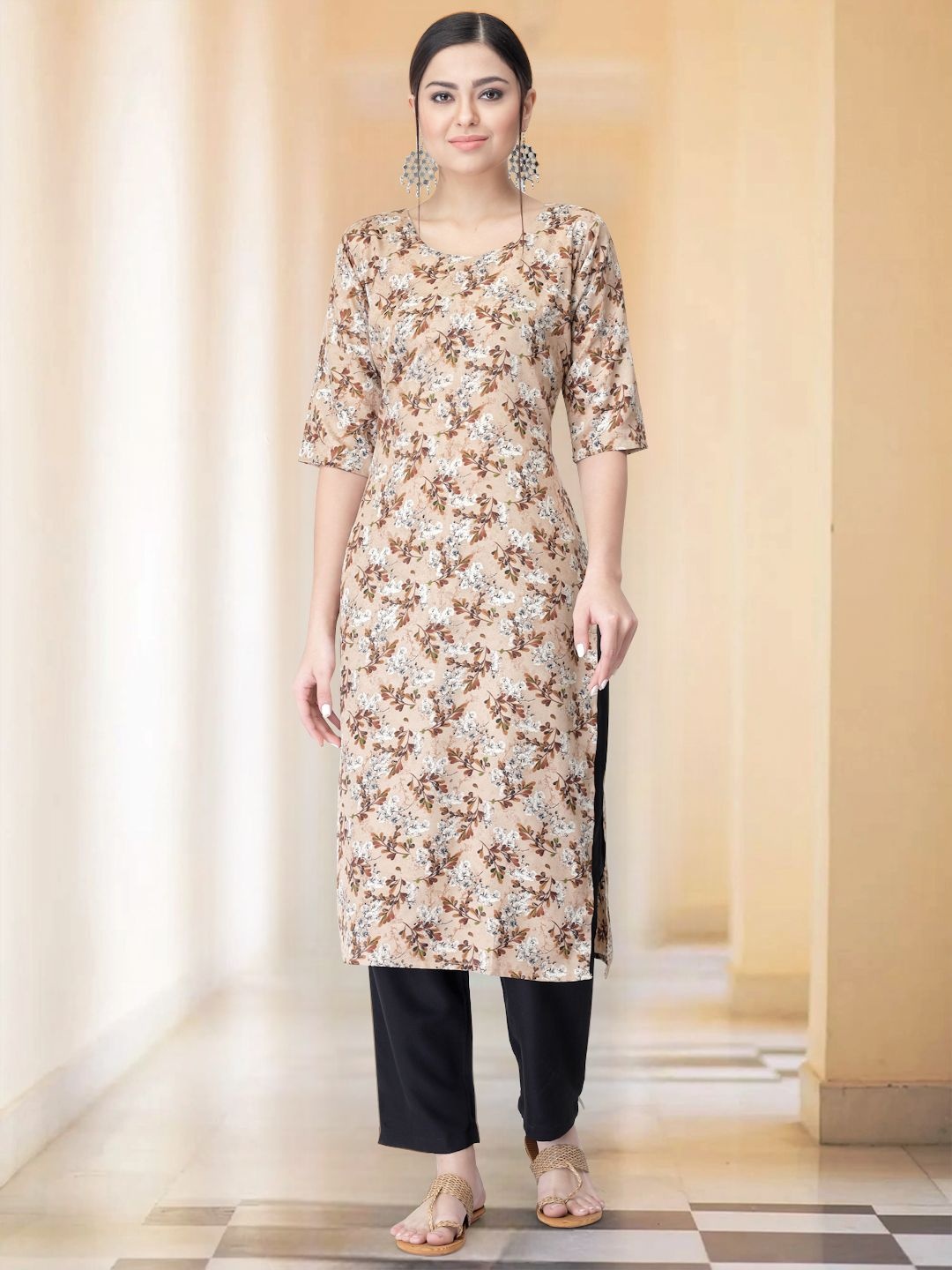 

7ThreadsSelection Of 2 Floral Printed Round Neck Straight Kurtas With Trousers, Beige