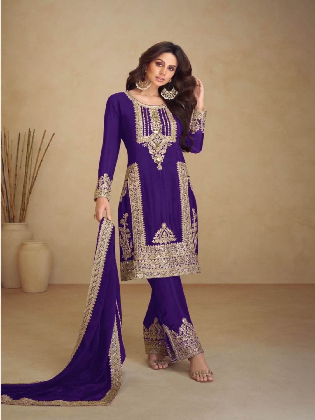 

ZIBLON Ethnic Motifs Embroidered Round Neck Straight Kurta With Palazzo And Dupatta, Blue