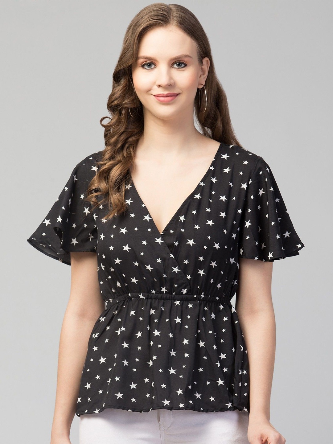 

CULPI Women Printed V-Neck Wrap Top, Black