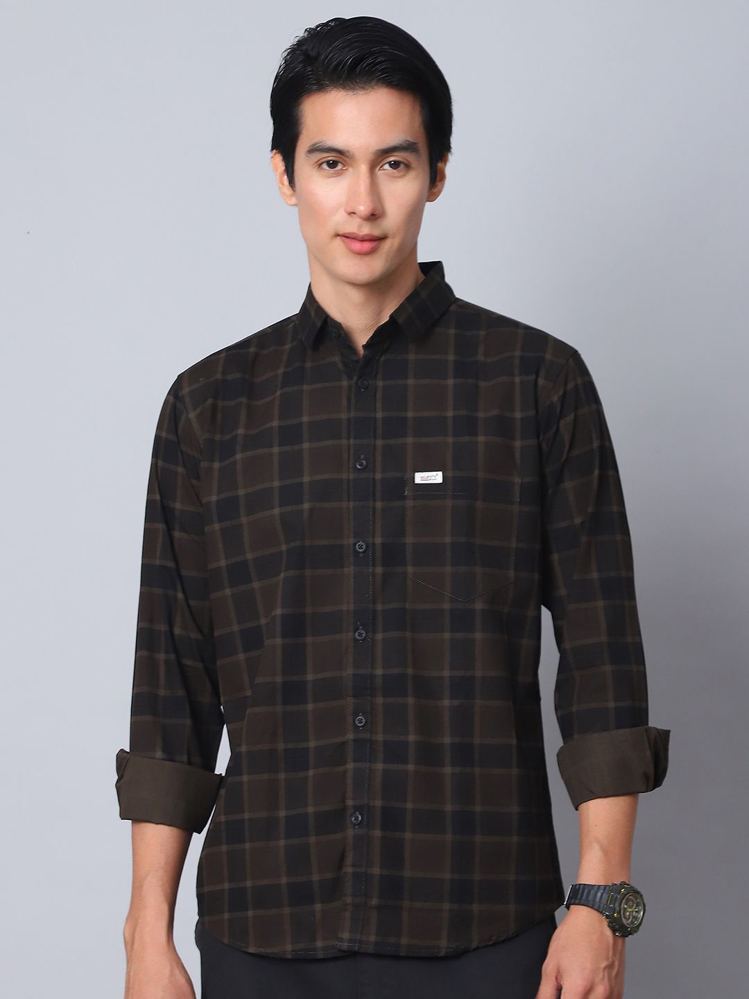 

Majestic Man Men Contemporary Slim Fit Spread Collar Gingham Checked Cotton Casual Shirt, Brown