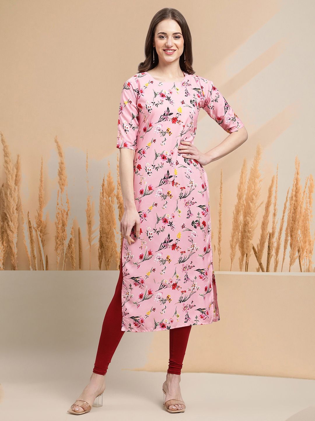 

7Threads Selection of 2 Floral Printed Round Neck Straight Kurtas, Pink