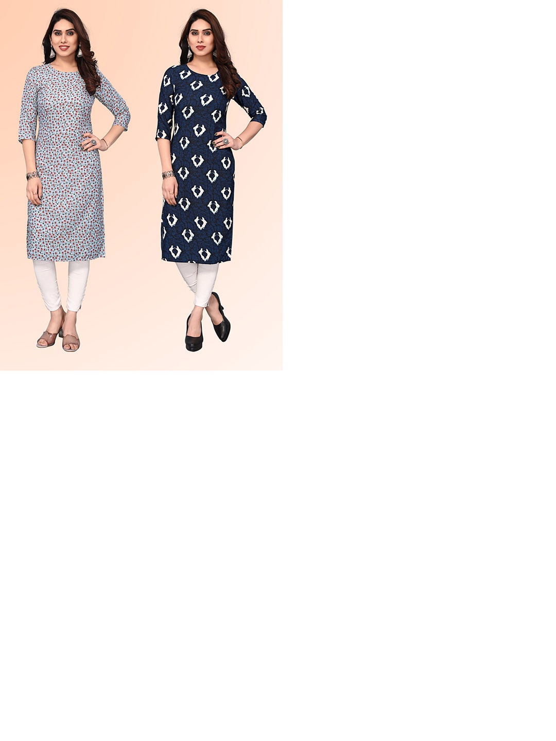 

KETAKI FASHION Selection Of 2 Floral Printed Round Neck Straight Kurtas, Grey