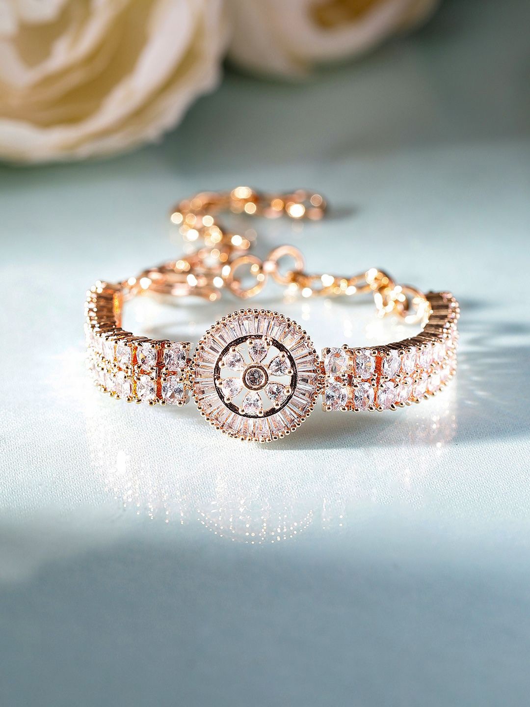 

Priyaasi Rose Gold Plated Faux American Diamond Crystal Studded Wraparound Bracelet