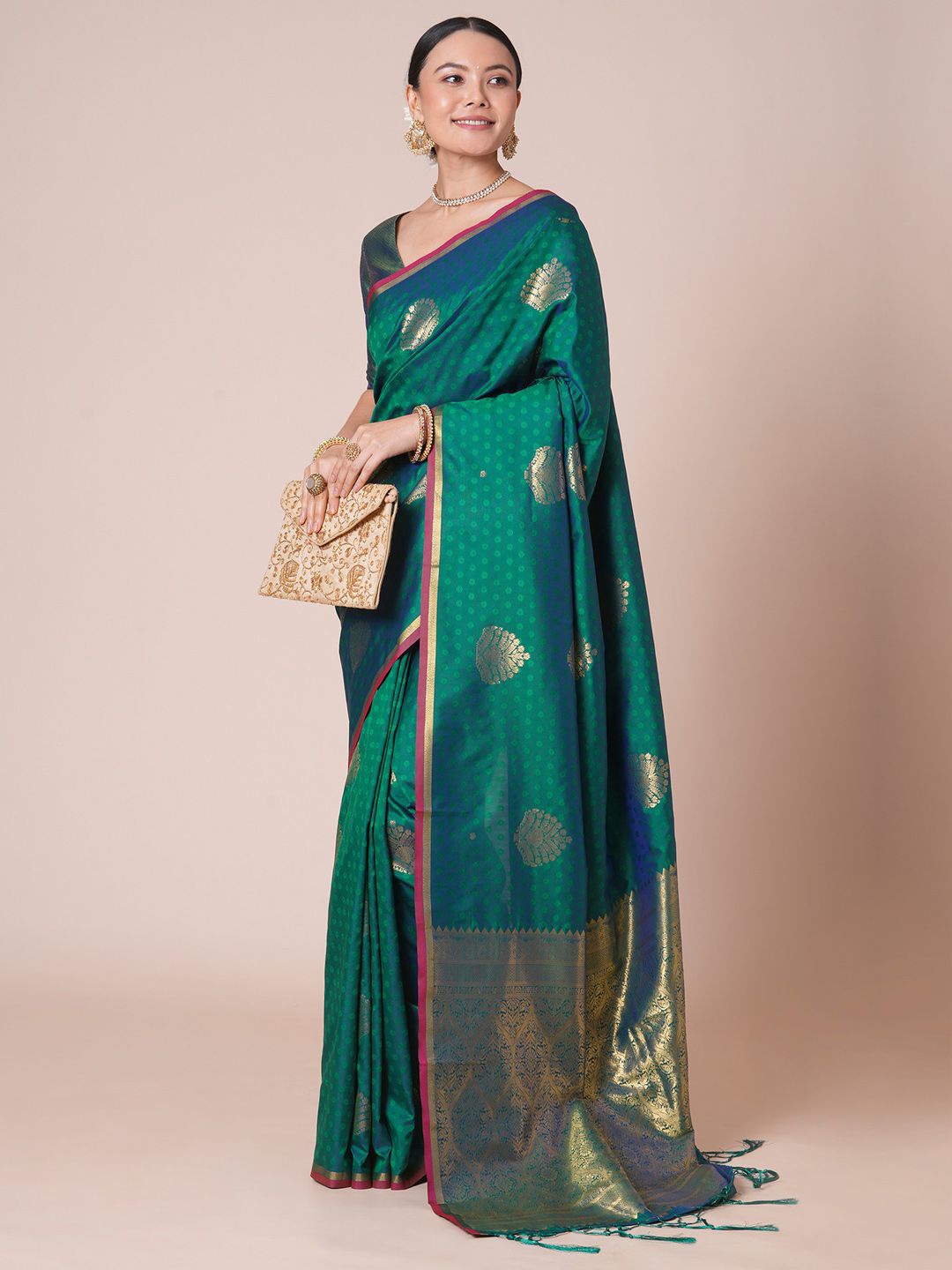 

House of Pataudi Ethnic Motifs Woven Design Banarasi Saree, Teal