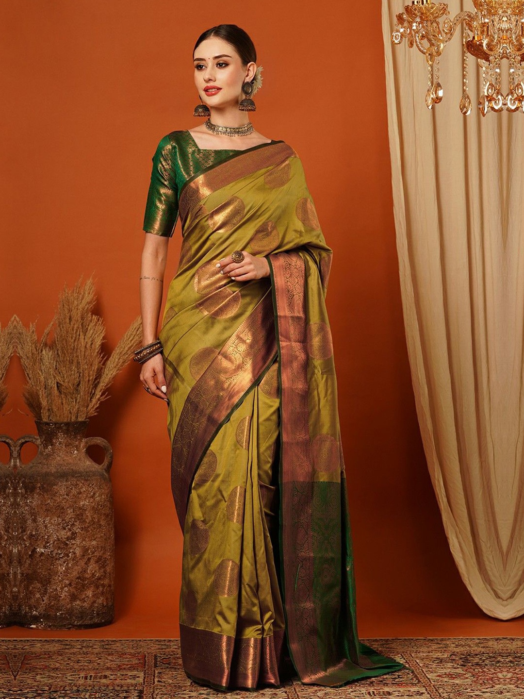 

WINKLECART Woven Design Pure Silk Banarasi Saree, Lime green